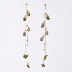 Унакит Натуральный драгоценный камень болтается серьги, С 304 результатами из нержавеющей стали, латунные кабельные цепи, ушные гайки и шкатулка, 120 мм, штифты : 0.8 мм