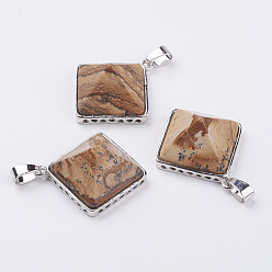 Пейзажный Джаспер Естественного изображения яшмы подвески, с латунной найти, пирамида, платина, 28.5x32x13 мм, отверстие : 3.5x6 мм