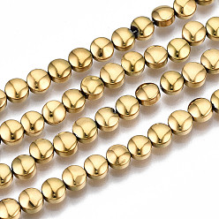 Real 18K Gold Plated Electroplate Non-magnetic Synthetic Hematite Beads Strands, Flat Round, Real 18K Gold Plated, 4.5x3mm, Hole: 1mm, about 92~98pcs/strand, 15.75 inch~16.14 inch(40cm~41cm)