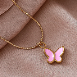 Pink Винтажные 304 подвески-бабочки из нержавеющей стали с эмалью для женщин, золотые, розовые, 14.96 дюйм (38 см)