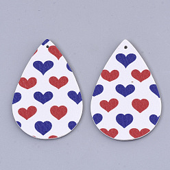White Independence Day Theme, PU Leather Big Pendants, Double Sided, teardrop, with Heart Pattern, White, 56x37x1.5mm, Hole: 1.8mm