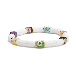 White Natural White Shell Beads Stretch Bracelets, with Handmade Millefiori Glass Beads and Elastic Crystal Thread, White, Inner Diameter: 2-1/8 inch(5.5cm)
