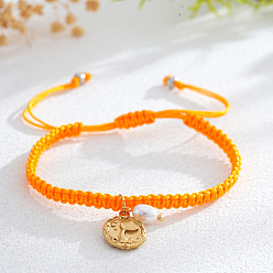 Оранжевый Браслеты с подвесками из латуни и искусственного жемчуга, плетеные браслеты из полиэфирного шнура для женщин, овальные с листа, оранжевые, 11.02 дюйм (28 см)