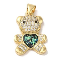 Темно-Зеленый Покрытие стойки латунь микропаве прозрачные подвески из кубического циркония, подвески-мишки в форме сердца с синтетическим опалом, реальный 18 k позолоченный, без кадмия и без свинца, долговечный, темно-зеленый, 21.5x14.5x4 мм, отверстие : 3.5x3 мм