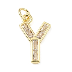 Letter Y Латунные микро проложить кубического циркония подвески, письмо амулеты, с прыгающим кольцом, реальный 18 k позолоченный, Письмо Y, 18x11x1.5 мм, отверстие : 3.5 мм