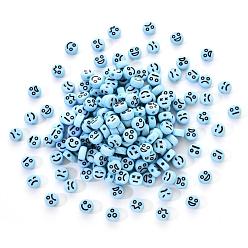 Sky Blue Opaque Acrylic Beads, Flat Round with Black Random Expression, Sky Blue, 7x4mm, Hole: 1.6mm, 200pcs/set