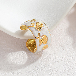 Белый 304 Открытые кольца из эмалированной нержавеющей стали, цветочным узором, золотые, белые, 17 мм