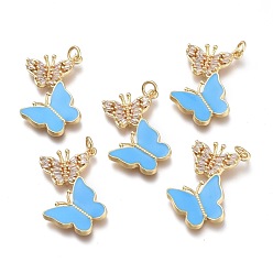 Deep Sky Blue Brass Micro Pave Clear Cubic Zirconia Pendants, with Enamel and Jump Rings, Butterfly, Golden, Deep Sky Blue, 28x18.5x3mm, Hole: 3mm