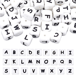 White 52Pcs 26 Style Silicone Beads, Cube with Letter, White, 12x12x12mm, Hole: 2mm, 2pcs/style