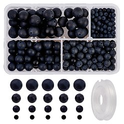 Ágata Negra DIY kits de fabricación de pulseras elásticas de ágata negra natural, incluir cuentas redondas esmeriladas, hilo elástico, 4 mm / 6 mm / 8 mm / 10 mm, agujero: 1 mm, 370 unidades / caja