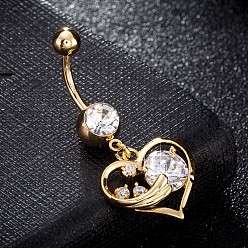 Transparent Messing Zirkonia Nabel Ring, Bauchringe, mit 304 Edelstahlleiste, cadmiumfrei und bleifrei, echt 18 k vergoldet, Herz, Transparent, 42x18 mm, Stange: 15 Spurweite(1.5mm), Stangenlänge: 3/8"(10mm)