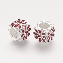Red Alloy Enamel European Beads, Large Hole Beads, Cube with Flower Pattern, Silver Color Plated, Red, 8x8x8mm, Hole: 5mm