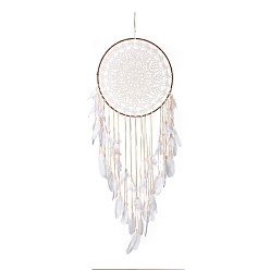 Flower Handmade Round Cotton Woven Net/Web with Feather Wall Hanging Decoration, with Iron Rings, Flocking Cloth & Wooden Beads, for Home Offices Amulet Ornament, Flower Pattern, 1310mm
