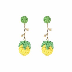 Champagne Yellow Bohemia Raffia & Alloy Stud Dangle Earrings, Flower, Golden, Champagne Yellow, 75x25mm