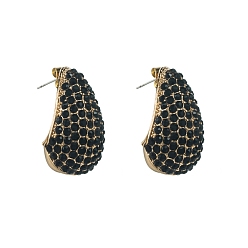 Jet Alloy Rhinestone Stud Earring, Teardrop, Golden, Jet, 32x18mm