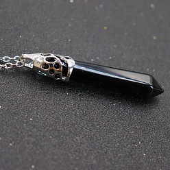 Black Onyx Ожерелья с подвесками в виде пулевидных точек из натурального черного оникса (окрашенного и нагретого), пуля голова, ожерелья-цепочки из сплава, платина, 15.75 дюйм (40 см)