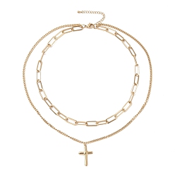 Golden PVD Vacuum Plating 304 Stainless Steel Double Chains Multi Layered Necklace with Cross Charms for Women, Golden, 16.34 inch(41.5cm)