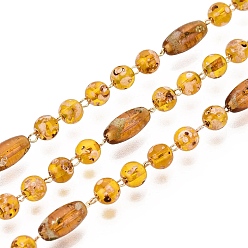 Goldenrod Picasso Style Handmade Brass & Glass Beaded Link Chains, Oval & Round, Soldered, with Spool, Real 18K Gold Plated, Goldenrod, 8.5~9x4~4.5mm