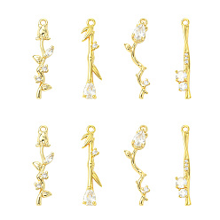 Настоящее золото 18K 8 шт 4 стили латунные подвески из микропаве с фианитом, очаровательные цветочные розы, реальный 18 k позолоченный, 27~29x5.5~11x3.5~4 мм, отверстие : 1.4 мм, 2 шт / стиль