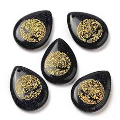 Синий Драгоценный Камень Подвески-капли из синтетического синего золота, подвески-слезинки с гравированным золотым деревом жизни, 33~33.5x24.5~25x7~7.5 мм, отверстие : 2 мм