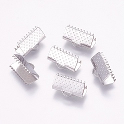 Stainless Steel Color Tarnish Resistant 304 Stainless Steel Ribbon Crimp Ends, Stainless Steel Color, 8x13mm, Hole: 1x3.5mm