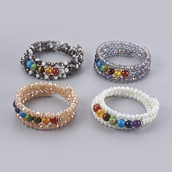 Mixed Color Electroplate Glass Wrap Bracelets, with Mixed Gemstone, 3-Loop, Round, Mixed Color, 53mm