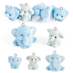 Mixed Color 6Pcs 3 Styles Flocky Animal Resin Pendants, Elephant, with Platinum Iron Loop, Mixed Color, 22.5~29x20~28x14.5~23mm, Hole: 2~2.5mm, 2pcs/style