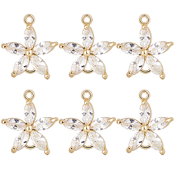 Настоящее золото 18K 8шт. латунные подвески-соединители с прозрачным кубическим цирконием, без никеля , цветок ссылки, реальный 18 k позолоченный, 15.5x14x4 мм, отверстие : 1.2 мм