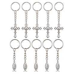 Античное Серебро Брелок из сплава в тибетском стиле, с железными разрезными брелоками, подвески в виде креста/рыбы Иисуса, античное серебро, 9.4 см, 10 шт / комплект