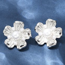 Платина Серьги-гвоздики из искусственного жемчуга с цветком из латуни и АБС-пластика, долговечный, без кадмия и без свинца, стойки покрытие, платина, 25x26 мм