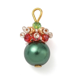 Зеленый Кулоны из стекла с жемчугом и росписью для выпечки, круглые, со стеклянным бисером и золотой железной петлей, зелёные, 22.5x13 мм, отверстие : 2.6 мм