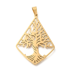 Настоящее золото 18K 304 подвески из нержавеющей стали, лазерная резка, ромб с подвеской-деревом жизни, реальный 18 k позолоченный, 38x28x1.5 мм, отверстие : 6x3 мм