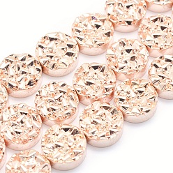 Rose Gold Plated Electroplate Non-magnetic Synthetic Hematite Beads Strands, Grade AA, Long-Lasting Plated, Textured Flat Round, Rose Gold Plated, 10x4mm, Hole: 1mm, about 42pcs/strand, 15.7 inch(40cm)