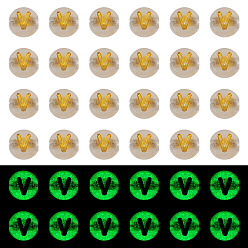 Letter V 50G Luminous Transparent Acrylic Beads, Flat Round with Letter, Glow in the Dark, Golden Metal Enlaced, Letter V, 7x4mm, Hole: 1.8mm, about 370pcs/50g