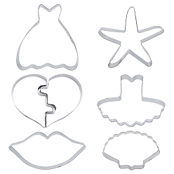 Stainless Steel Color 6 Style 304 Stainless Steel Cookie Cutters, Cookies Moulds, DIY Biscuit Baking Tool, Heart & Stars & Scallop Shell & Lip & Dress, Stainless Steel Color, 50~80x41~82x17.5mm