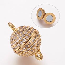 Golden Brass Micro Pave Cubic Zirconia Magnetic Clasps with Loops, Round, Golden, 16x10mm, Hole: 1.5mm