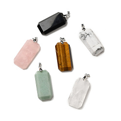 Mixed Stone Natural Mixed Stone Pendants, Faceted Rectangle Charms, with Platinum Plated Brass Snap on Bails, Lead Free & Cadmium Free, 40~41x20~21x6~9mm, Hole: 4.3x3.8mm