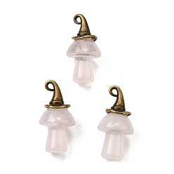 Розовый Кварц Подвески-грибы из натурального розового кварца, с ведьминой шляпой из сплава, античная бронза, 31~31.5x15~15.5 мм, отверстие : 1.5x2 мм