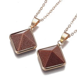 Goldstone Synthetic Goldstone Pyramid Geometric Pendant Necklaces, with Brass Cable Chains, Golden, 18.58 inch(47.2cm)