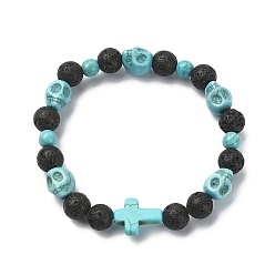 Turquoise Dyed Natural & Synthetic Mixed Gemstone Skull & Cross Beaded Stretch Bracelets, Turquoise, Inner Diameter: 2-1/4 inch(5.8cm)