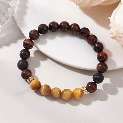 Тигровый глаз Браслеты из окрашенных и термически обработанных натуральных бусин красного цвета, тигрового глаза и лавового камня, эластичные, для женщин и мужчин., круглые, бусины : 8.5 мм, внутренний диаметр: 2.15~2.22 дюйм (5.45~5.65 см)