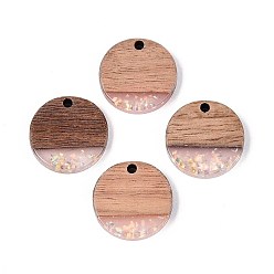 Розовый Подвески из непрозрачной смолы и орехового дерева, плоские круглые прелести, с блестящей пудрой и золотой фольгой, туманная роза, 19x3~3.5 мм, отверстие : 2 мм