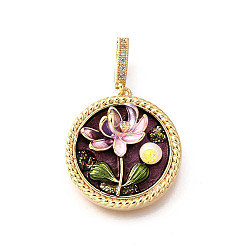 Серо-розавый Латунные подвески с микропаве из кубического циркония и эмали, плоский круглый с цветными чарами, с блестящей пудрой и натуральным пресноводным жемчугом, без никеля , реальный 18 k позолоченный, увядшая роза, 25.5x23.5x7.5 мм, отверстие : 6.5x4.5 мм
