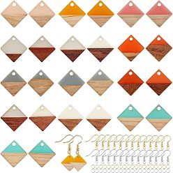(52) Непрозрачная лаванда Наборы для изготовления сережек diy, включая подвески из смолы и дерева, медные крючки и кольца для сережек, ромб, разноцветные, подвески: толщиной 16.5~17.5x17~18x3~4 мм, отверстие : 1.8 мм, 28 шт / коробка