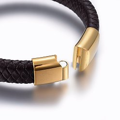 Coconut Brown Leather Braided Cord Bracelets, 304 Stainless Steel Magnetic Clasp, Rectangle, Golden, Coconut Brown, 8-5/8 inch(22cm), 12x6mm