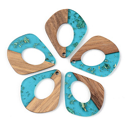 Dark Turquoise Transparent Resin & Walnut Wood Pendants, with Gold Foil, Teardrop, Dark Turquoise, 32.5x27.5x3mm, Hole: 2mm