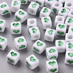 Lime Green White Opaque Acrylic Beads, Cube with Heart, Lime Green, 6.5x6x6mm, Hole: 3mm