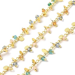 Deep Sky Blue Handmade Brass Link Chain, with Glass Beads, Soldered, with Spool, Real 18K Gold Plated, Deep Sky Blue, 3x1.5x0.3mm and 7x3x2~2.5mm, about 16.40 Feet(5m)/Roll