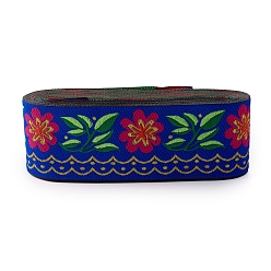 Dark Blue Embroidery Polyester Ribbons, Jacquard Ribbon, Tyrolean Ribbon, Garment Accessories, Floral Pattern, Dark Blue, 51mm, about 7m/bundle