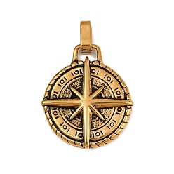 Античное Золото 304 подвески из нержавеющей стали, плоский круглый с подвеской в виде компаса, ионное покрытие (ip), античное золото , 30.5x25.5x4 мм, отверстие : 6.5x4.5 мм